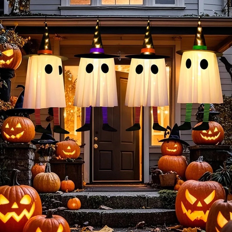Outdoor Lighting Effects - Halloween hangende spookdecoraties, buiten Halloween heksenhoedlampen,