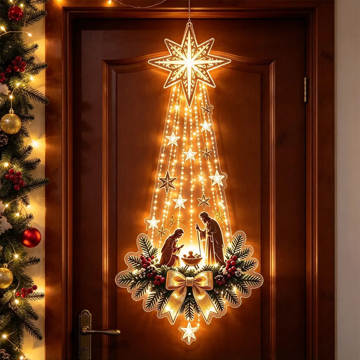 Outdoor Lighting Effects - 1 stuks kerstdeurhanger met oplichtende LED-verlichting,
